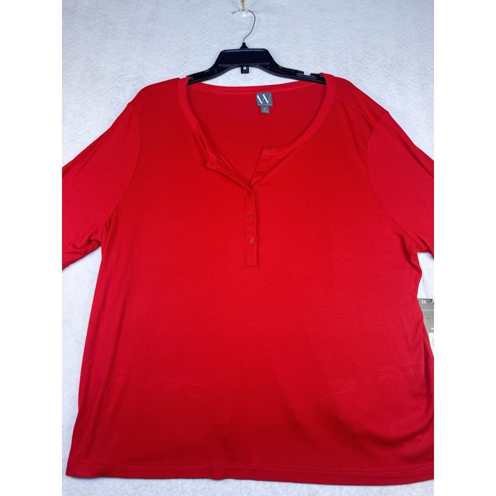 Worthington Women's Red Ribbed Henley Top 3X Plus Short Sleeve Button Front  NWT